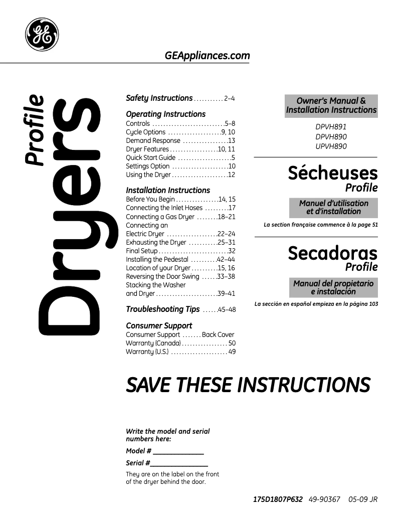 Page n°1 - Manuel d'utilisation et d'entretien GE Profile DPVH890EJMG