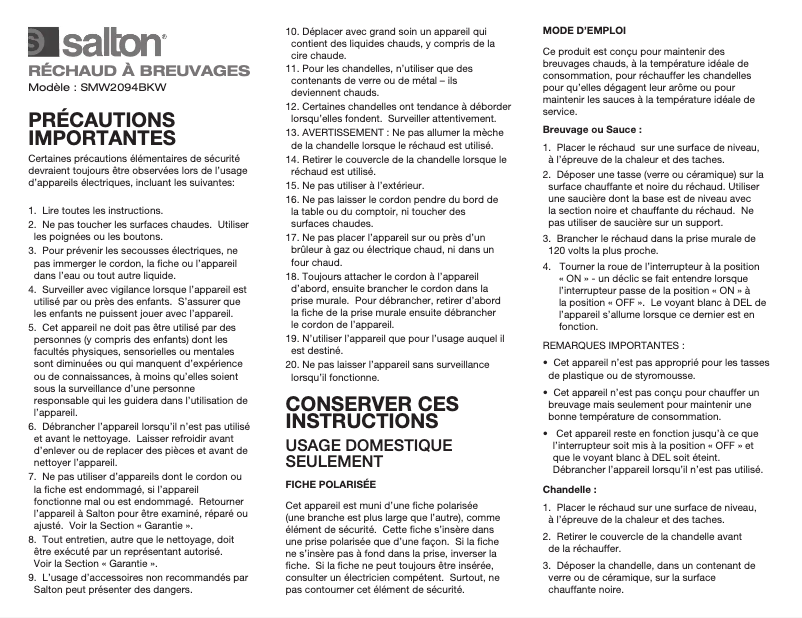 Page n°1 - Manuel utilisateur Salton SMW2094BKW