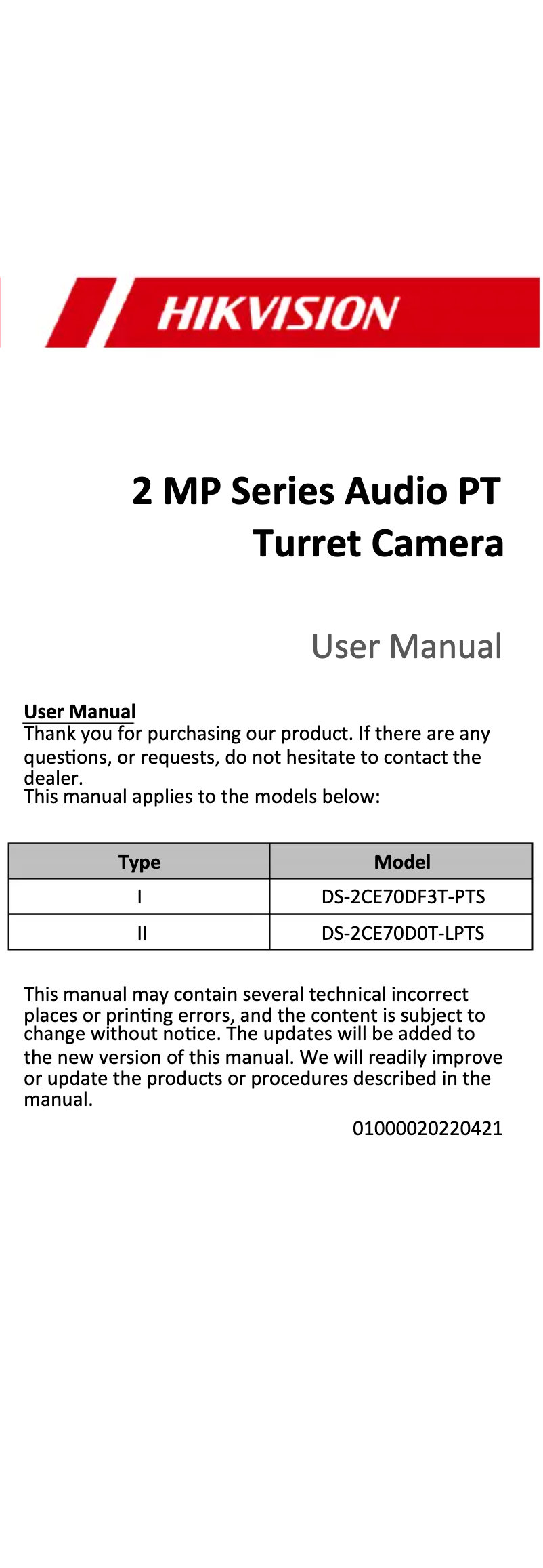 Page n°1 - Manuel utilisateur Hikvision DS-2CE70DF3T-PTS