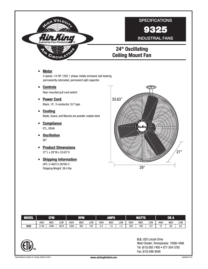 Page 1 de la notice Fiche technique Air King 9325
