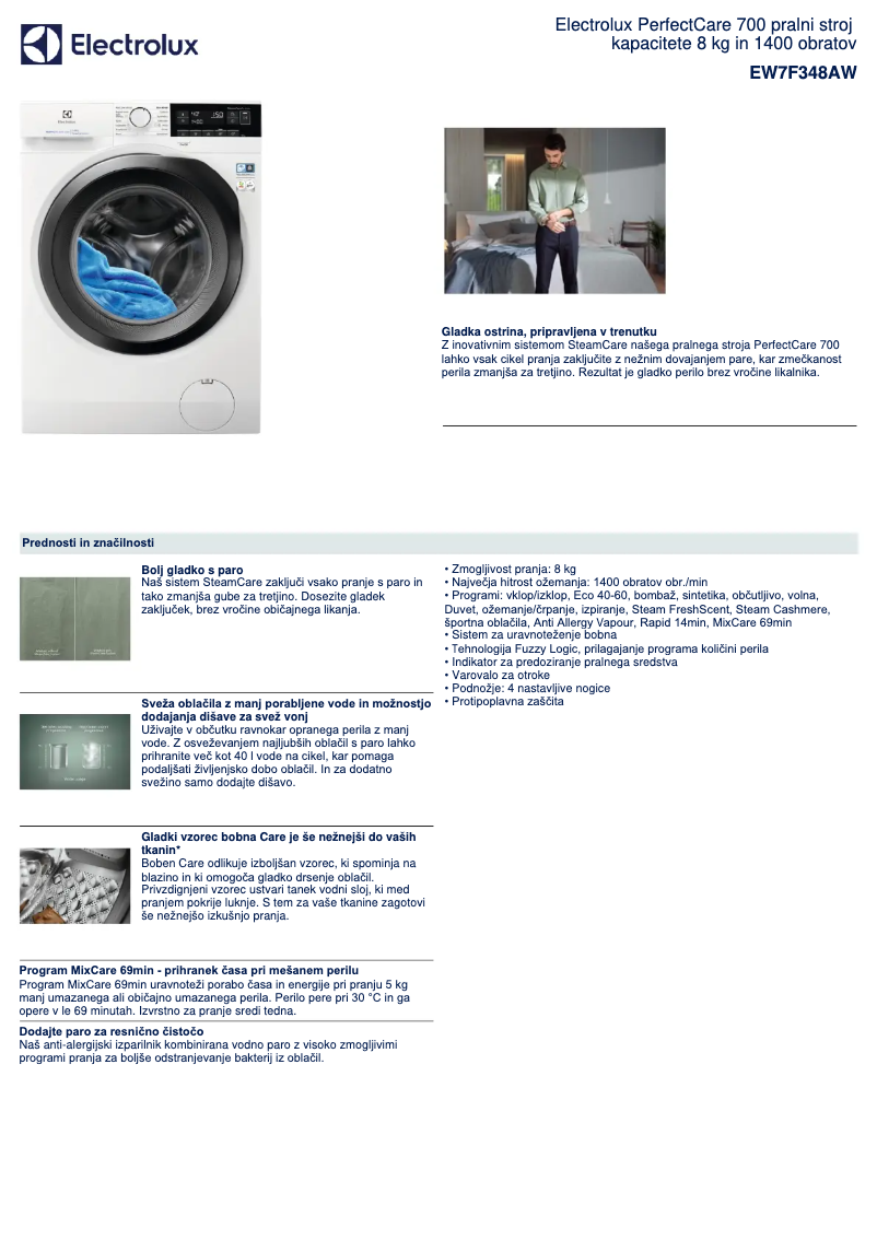 Page 1 de la notice Fiche technique Electrolux EW7F348AW