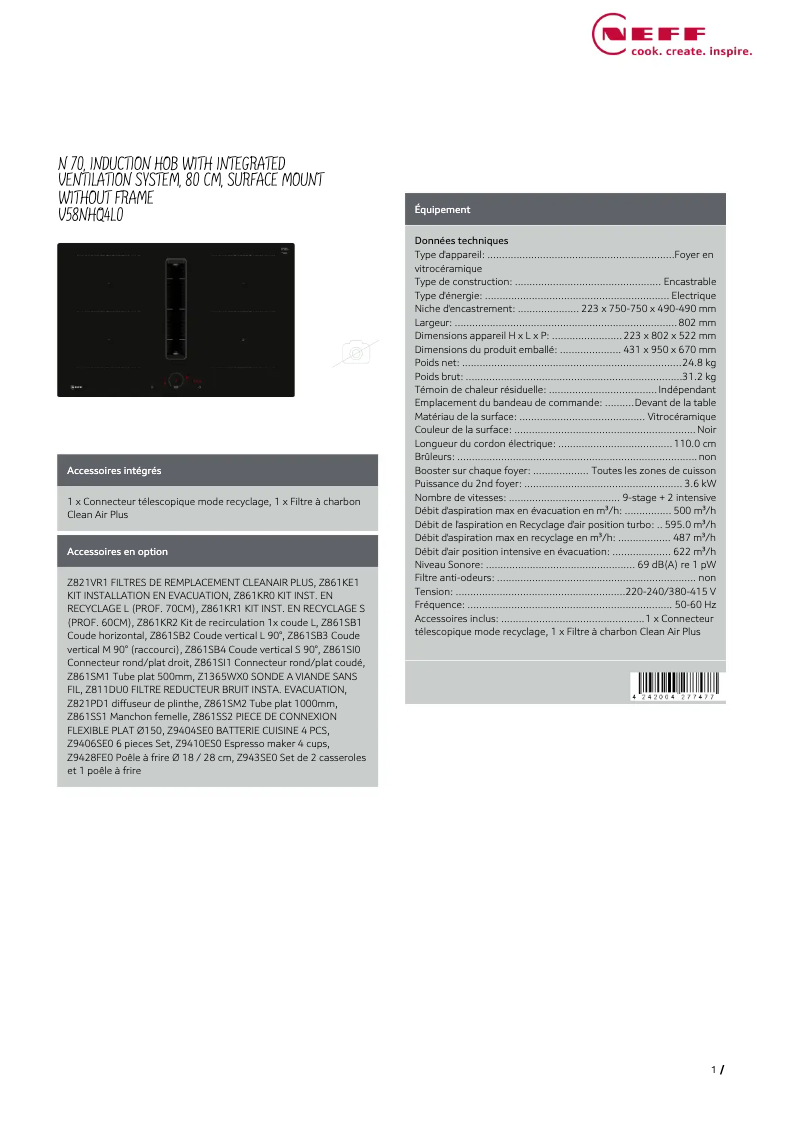 Page 1 de la notice Fiche technique Neff V58NHQ4L0