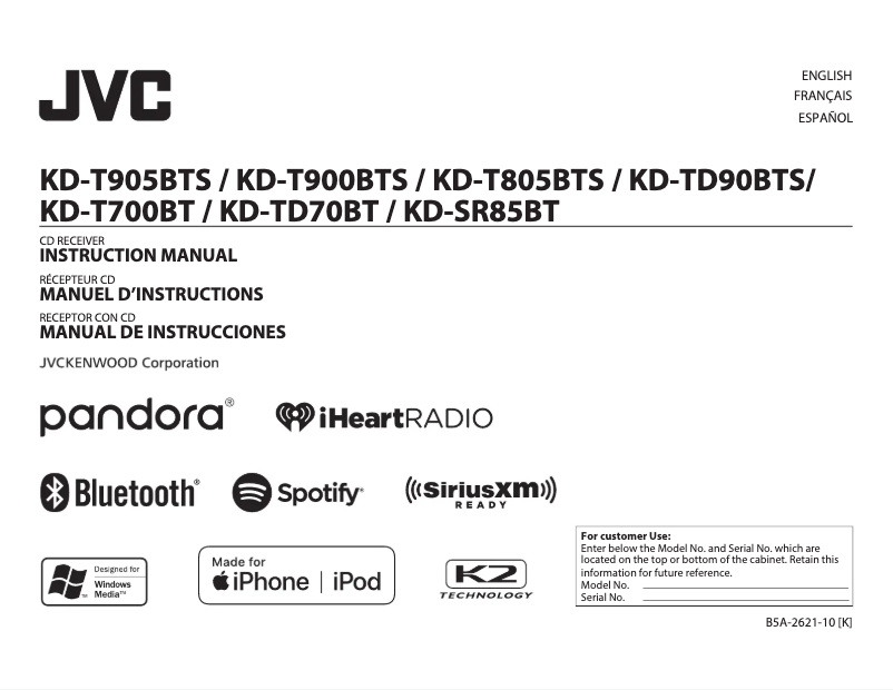 Page n°1 - Manuel utilisateur JVC KD-T900BTS