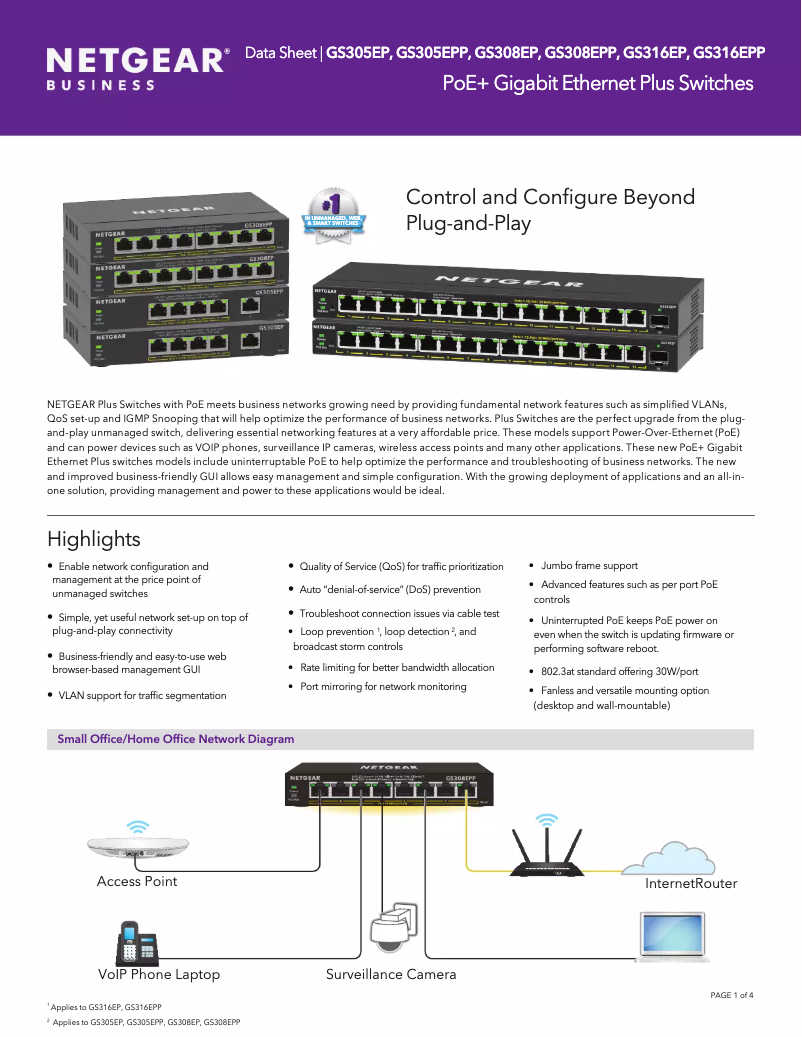 Page 1 de la notice Fiche technique Netgear GS316EP