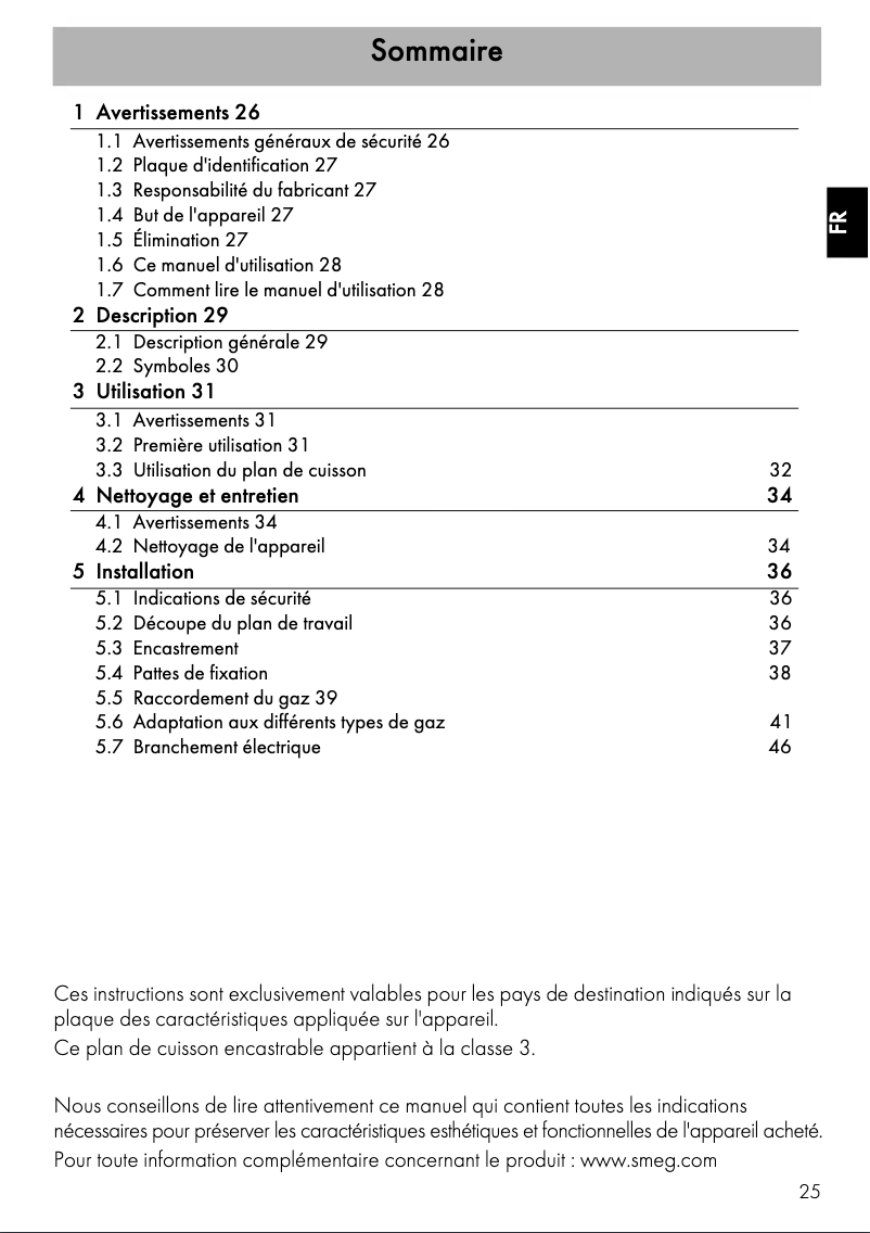 Page 1 de la notice Manuel utilisateur Smeg P261XGHNL