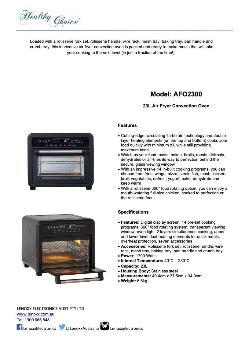 Page 1 de la notice Fiche technique Lenoxx Healthy Choice AFO2300