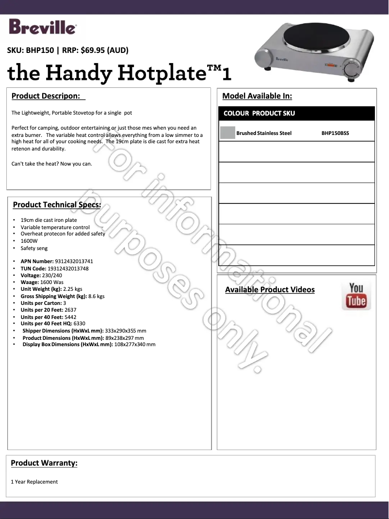 Page 1 de la notice Fiche technique Breville the Handy Hot Plate BHP150