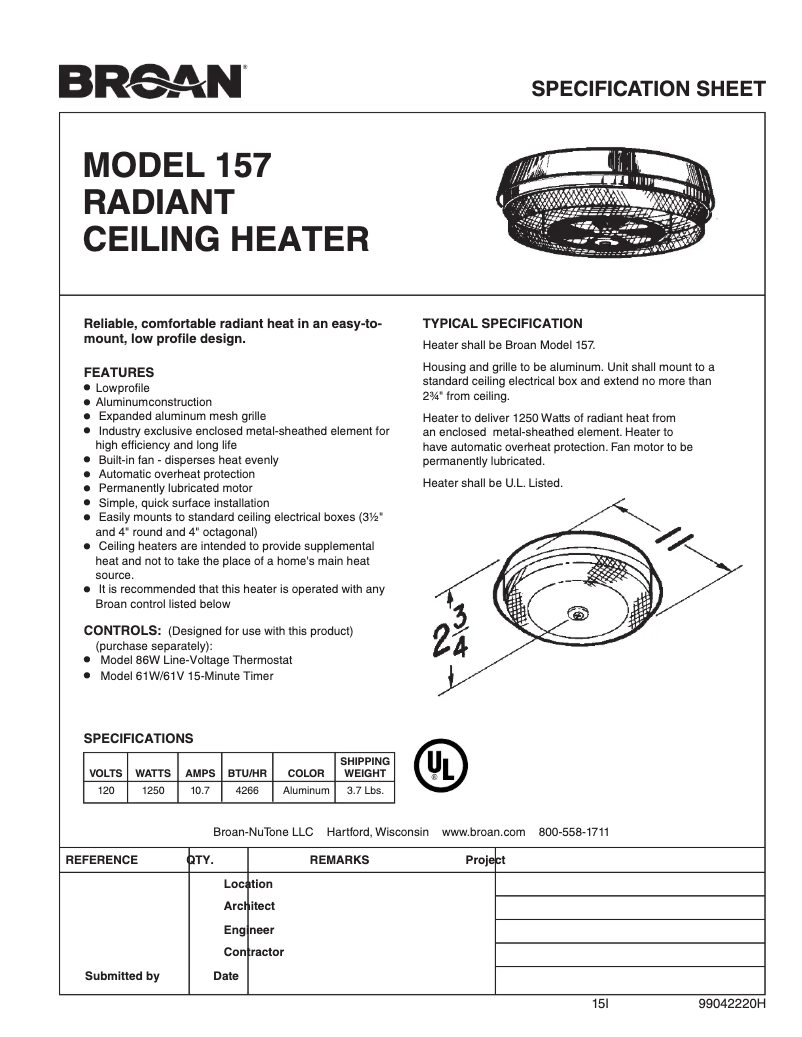 Page 1 de la notice Fiche technique Broan 157
