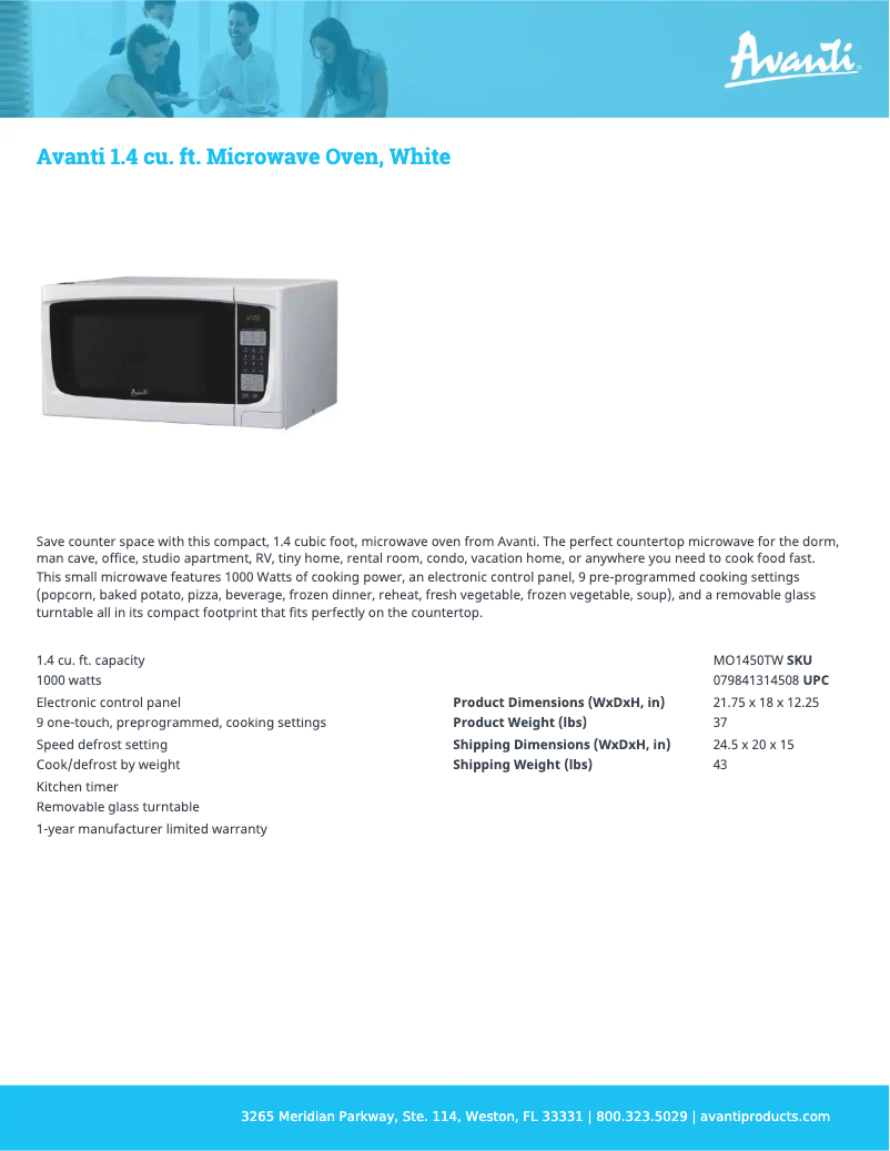 Page 1 of the manual Technical Sheet Avanti MO1450TW