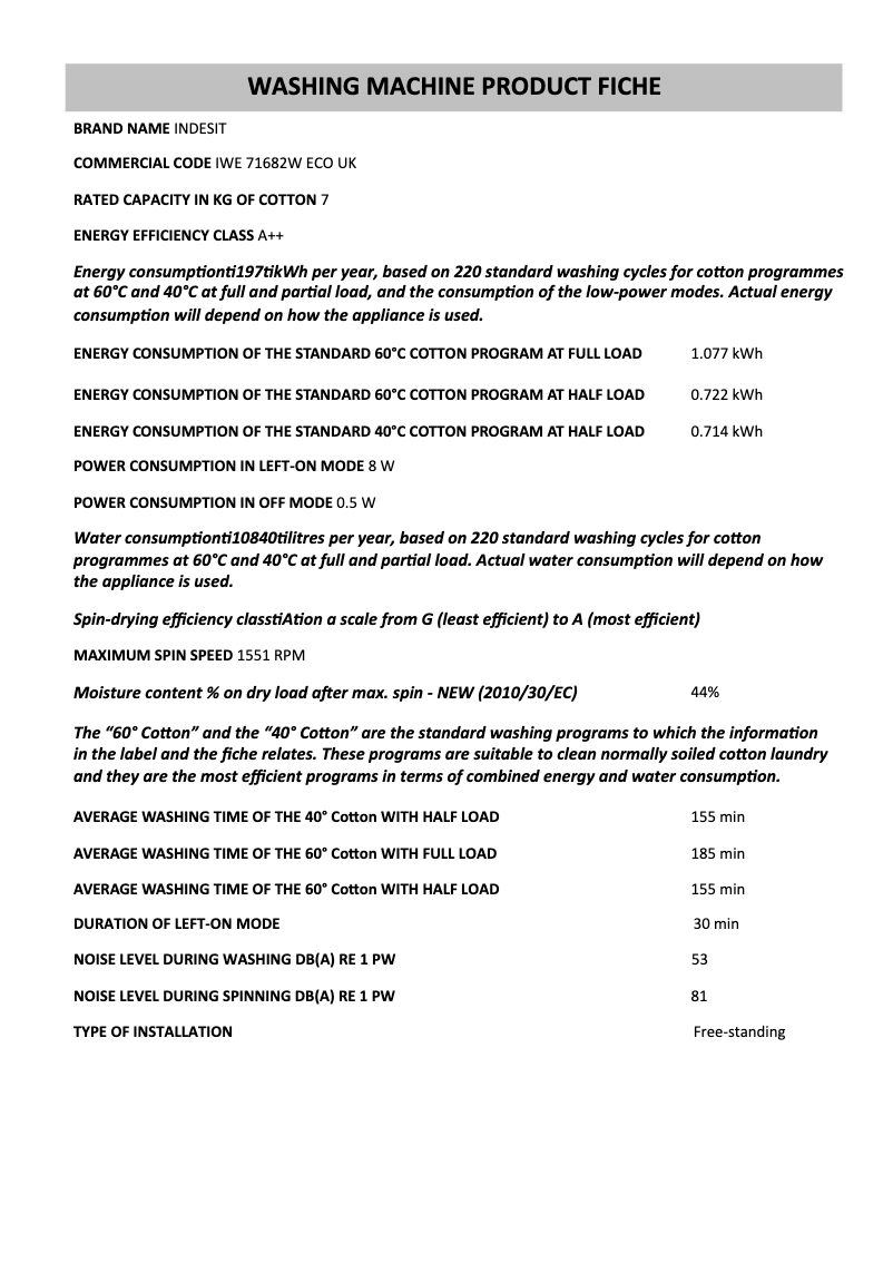 Page 1 de la notice Fiche technique Indesit IWE 71682W ECO UK