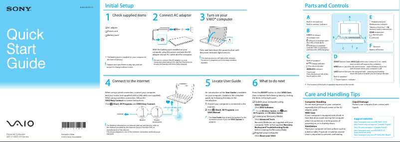 Page n°1 - Guide d'installation Sony Vaio Tab 13 SVT13115FDS