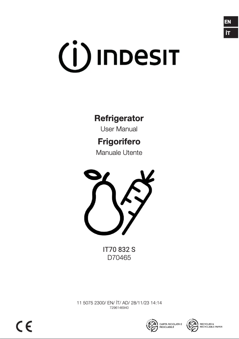 Page 1 de la notice Manuel utilisateur Indesit IT70 832 S