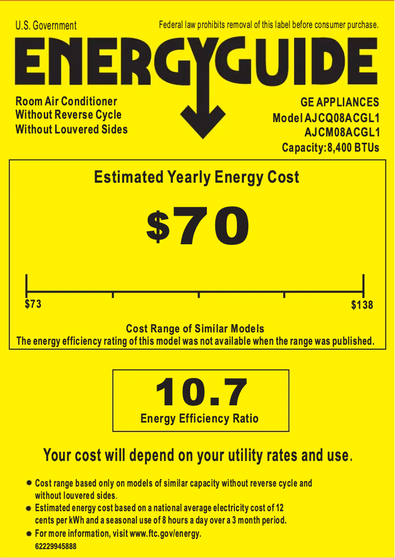 Page 1 de la notice Label énergétique GE AJCQ08ACG