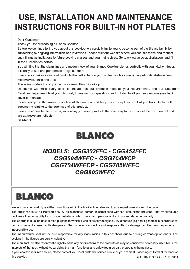 Page n°1 - Mode d'emploi BLANCO CGG905WFFC