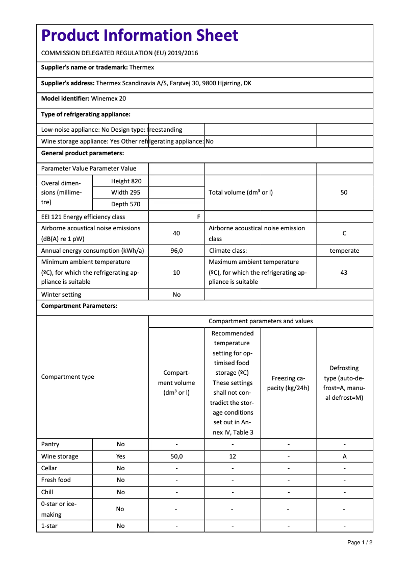 Página 1 del manual Ficha técnica Thermex Winemex 20
