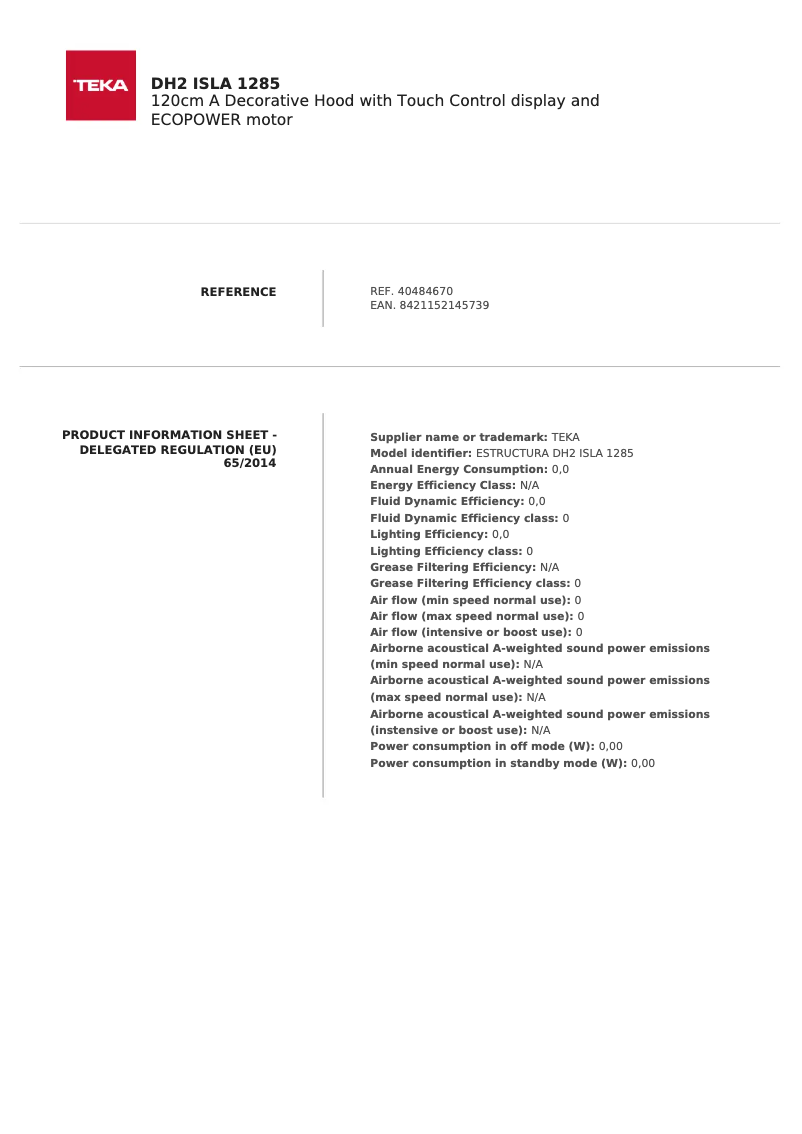 Page 1 de la notice Fiche technique Teka DH2 985