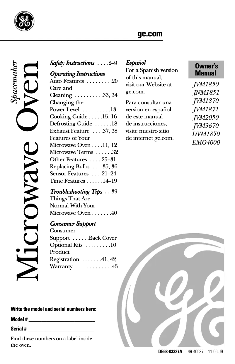 Page n°1 - Manuel d'utilisation et d'entretien GE JVM1870SF