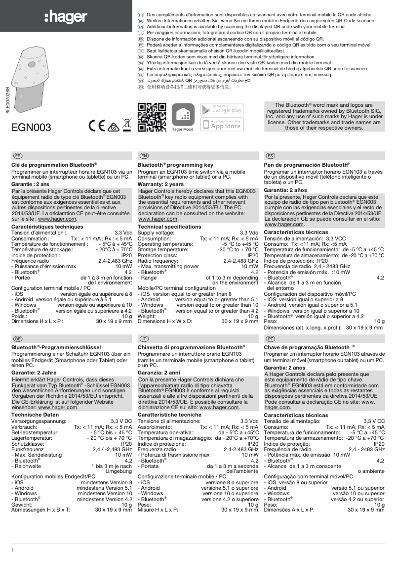 Page 1 de la notice Mode d'emploi Hager EGN003