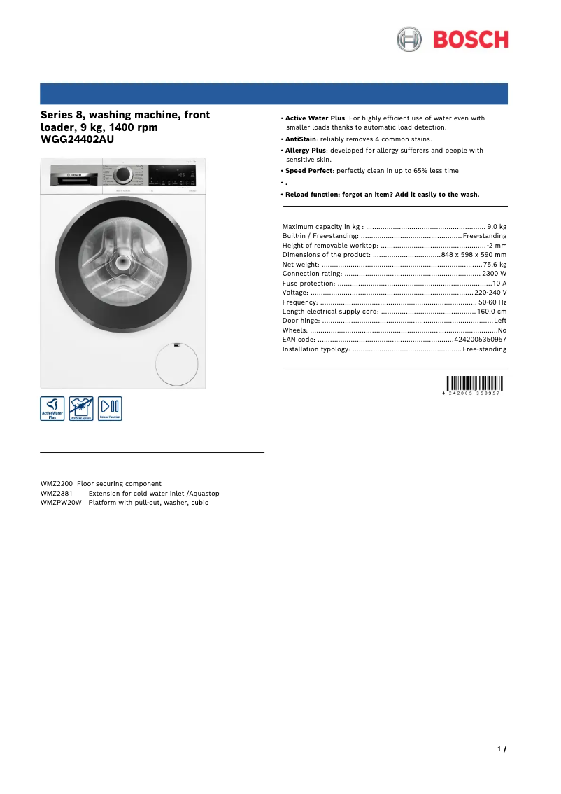 Page n°1 - Fiche technique Bosch WGG24402AU