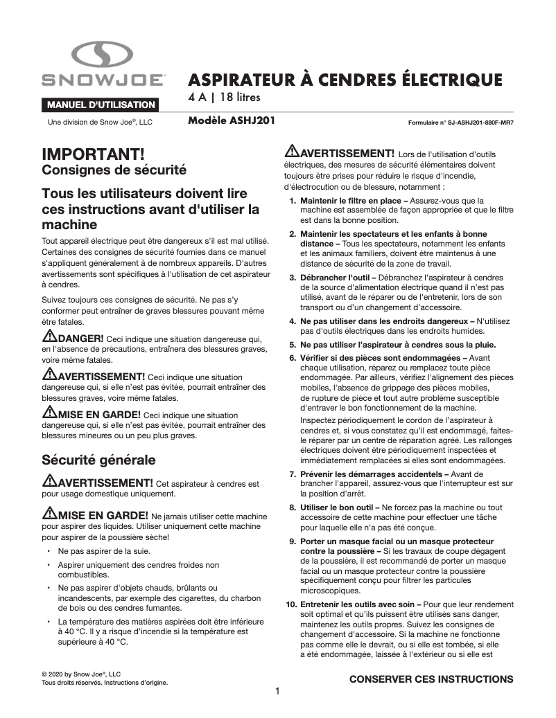 Page 1 de la notice Manuel utilisateur Snow Joe ASHJ201