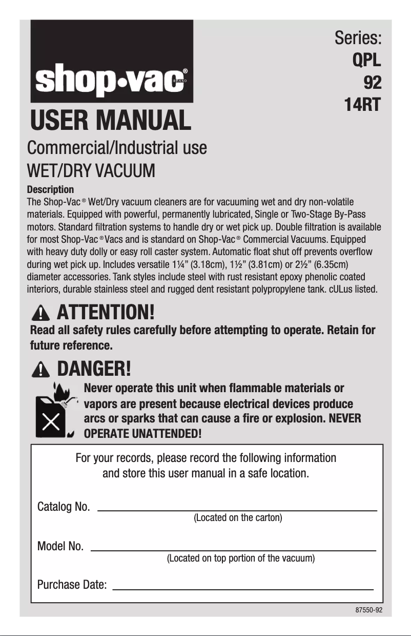 Page 1 de la notice Manuel utilisateur Shop-Vac 9625110