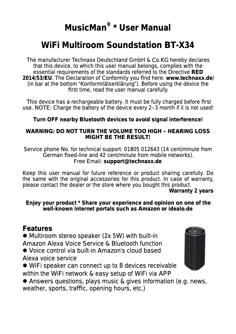 Page 1 de la notice Manuel utilisateur Technaxx BT-X34