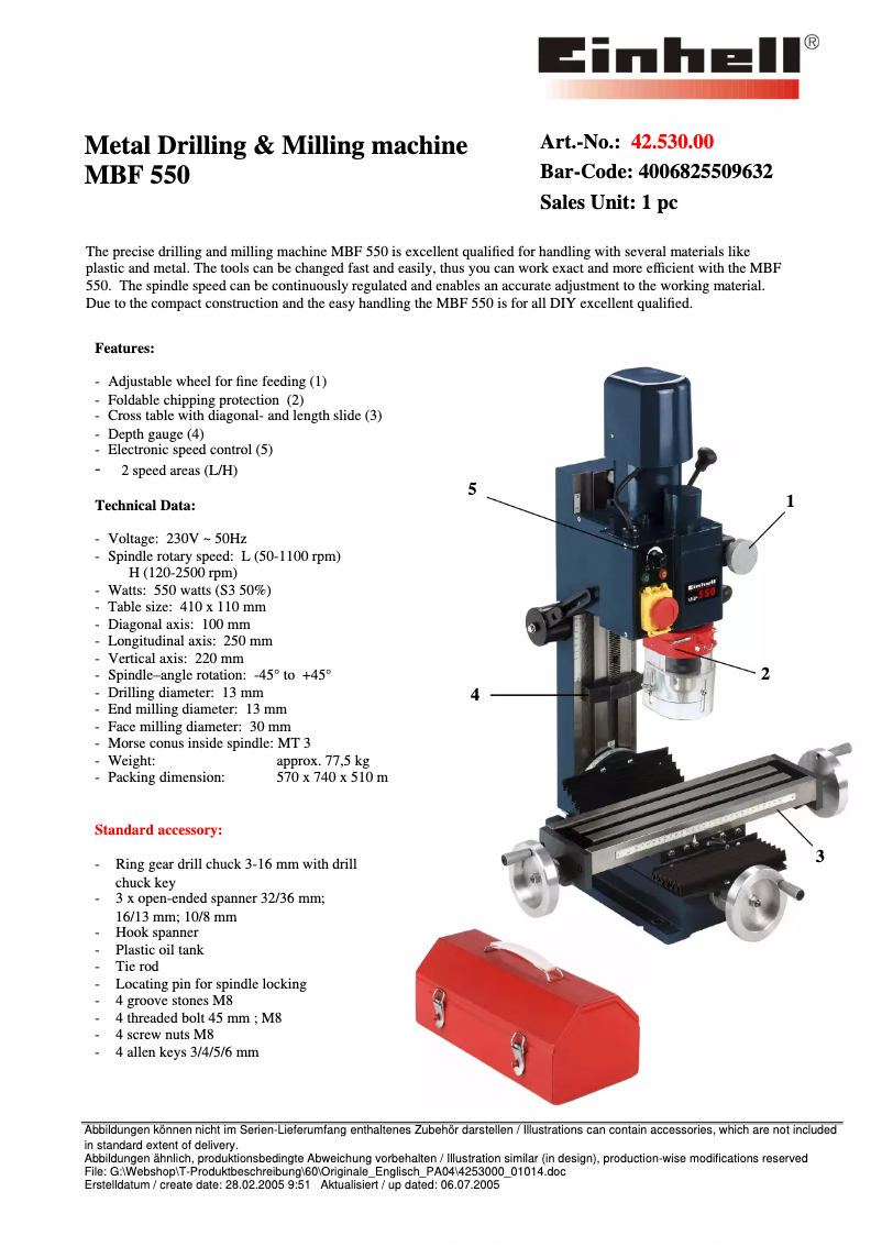 Page n°1 - Fiche technique Einhell MBF 550