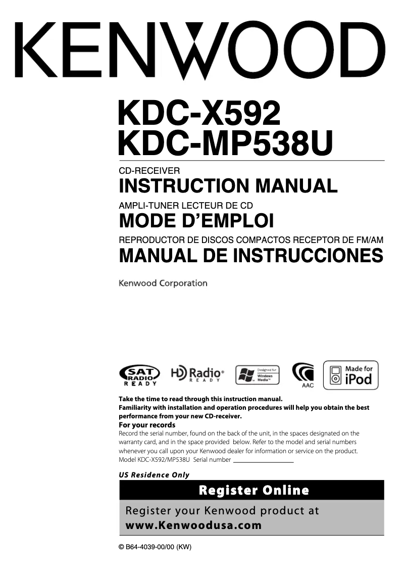 Page n°1 - Manuel utilisateur Kenwood KDC-X592