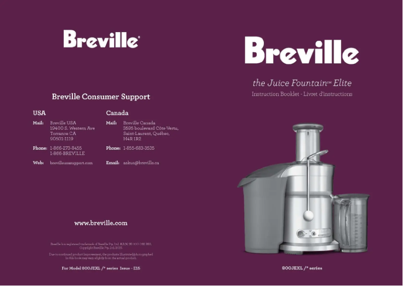 Page n°1 - Manuel utilisateur Breville the Juice Fountain Elite 800JEXL