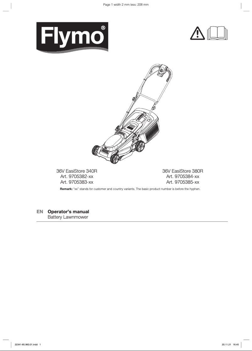 Page 1 de la notice Manuel utilisateur Flymo 36V EasiStore 340R