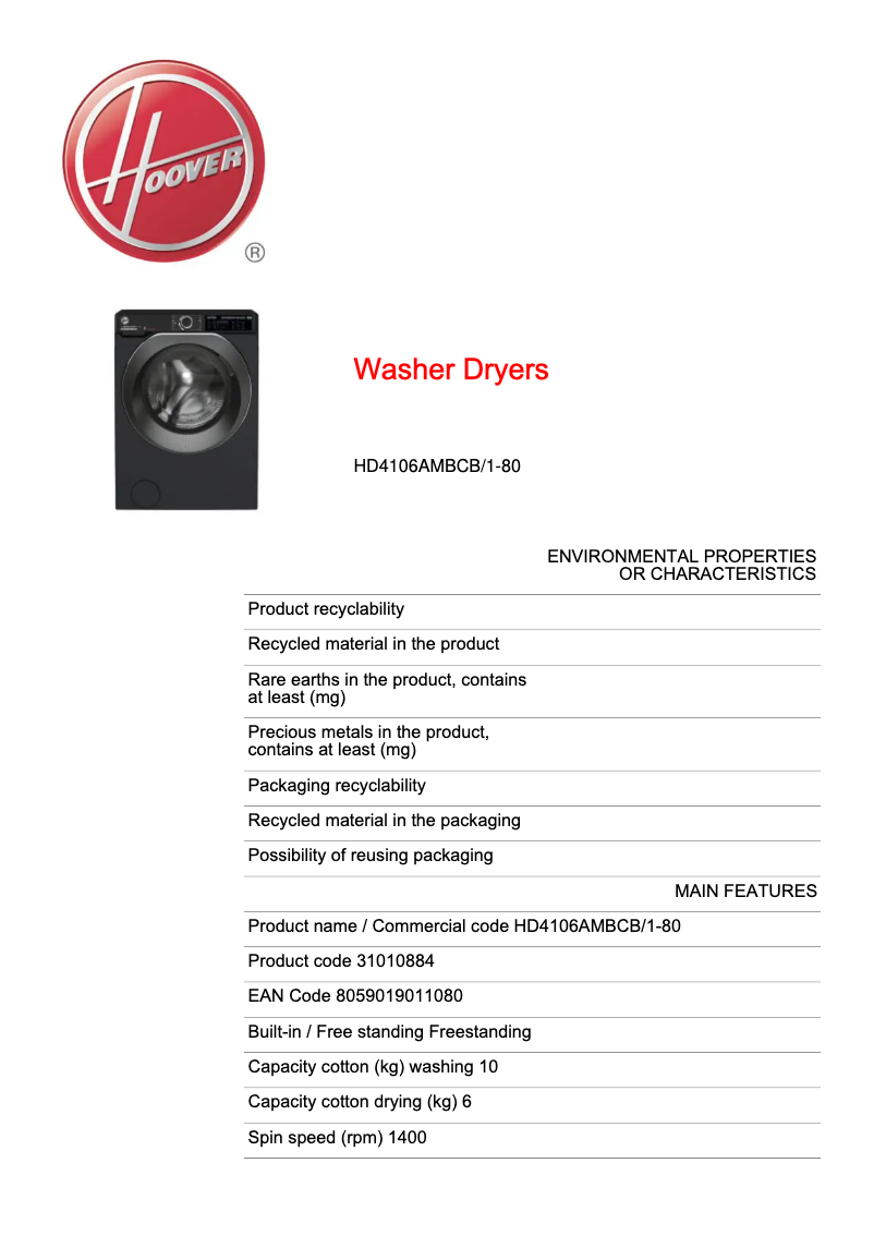 Page n°1 - Fiche technique Hoover H-WASH&DRY 500 HD4106AMBCB/1-80