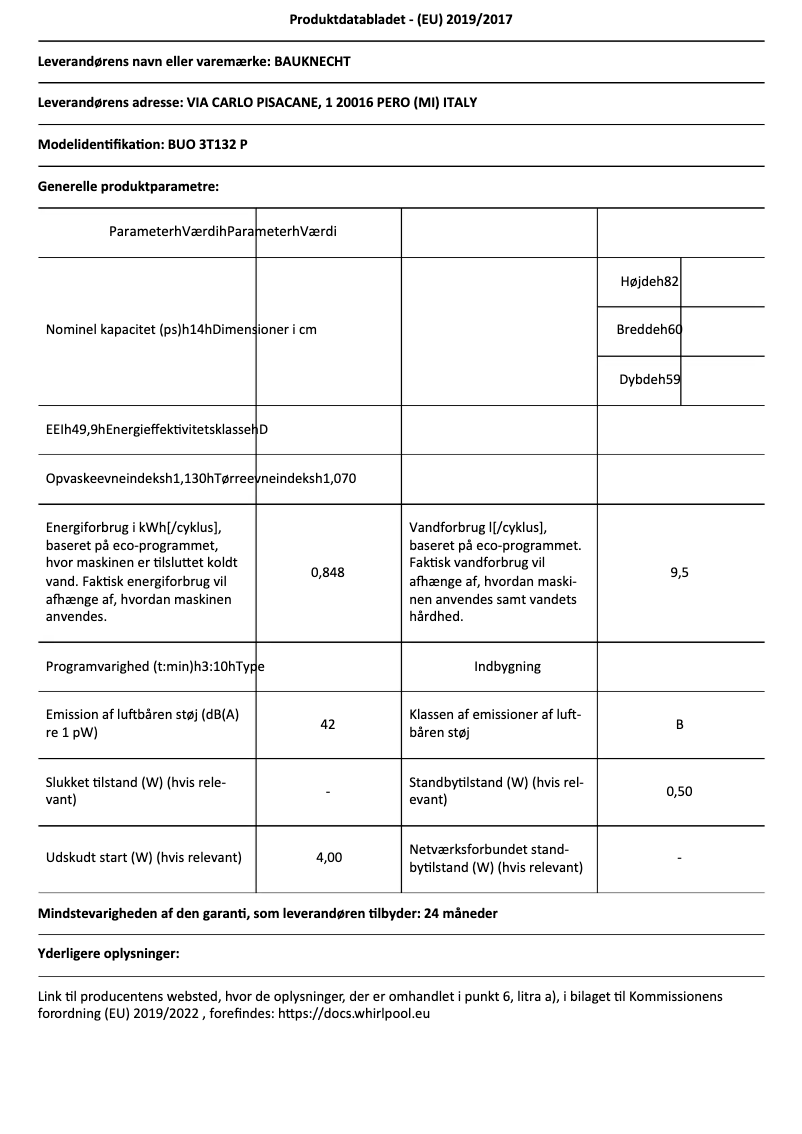 Page 1 de la notice Fiche technique Bauknecht BUO 3T132 P