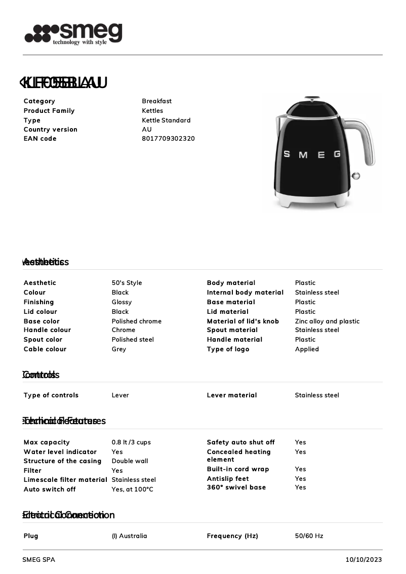 Page n°1 - Fiche technique Smeg KLF05