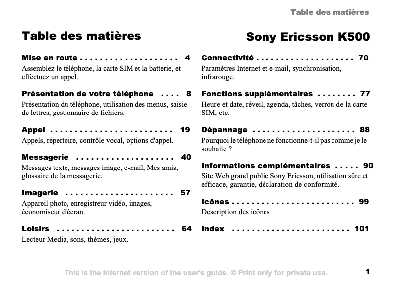 Page n°1 - Manuel utilisateur Sony Ericsson K500