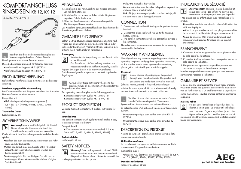 Page 1 de la notice Manuel utilisateur AEG Comfort Connector KK 12