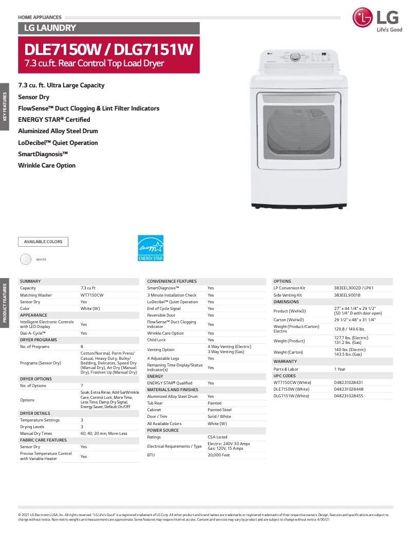 Page n°1 - Fiche technique LG DLG7151W