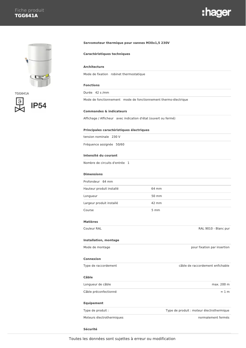 Page n°1 - Fiche technique Hager TGG641A