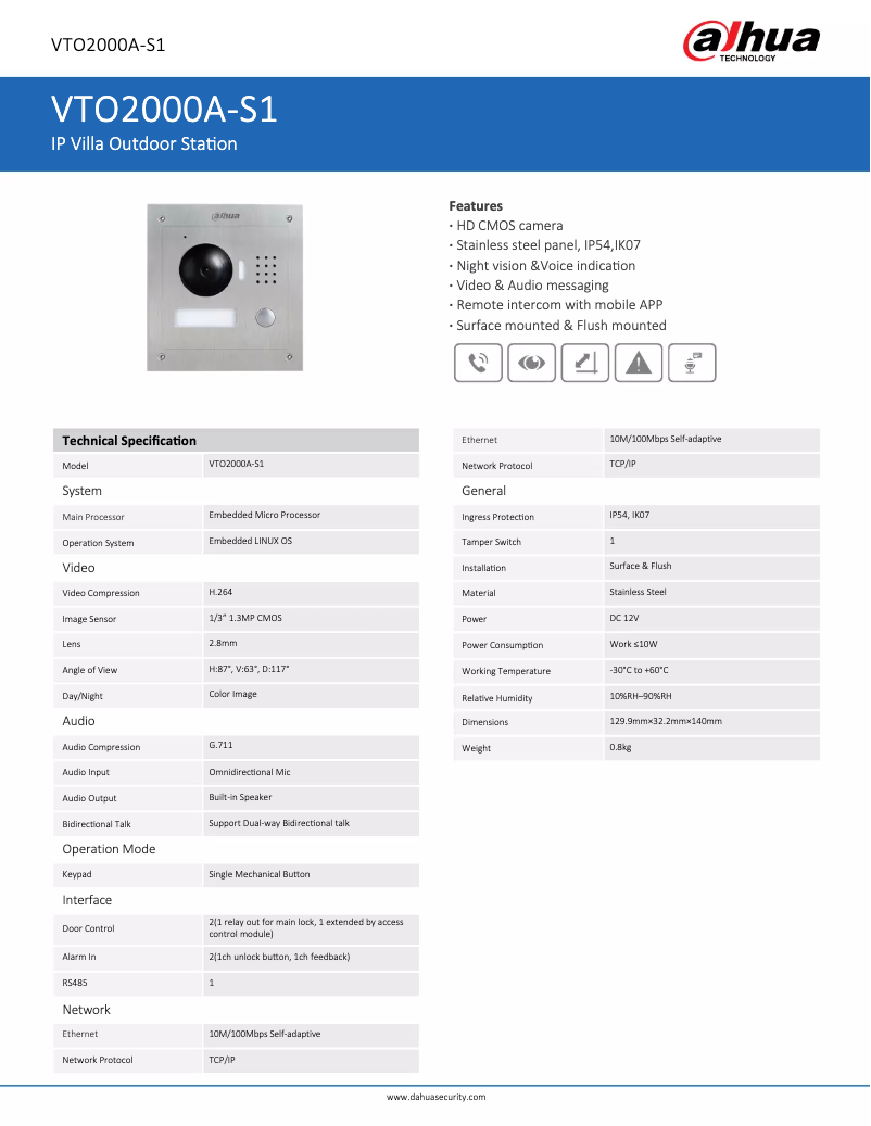 Page 1 de la notice Fiche technique Dahua Technology VTO2000A-S1