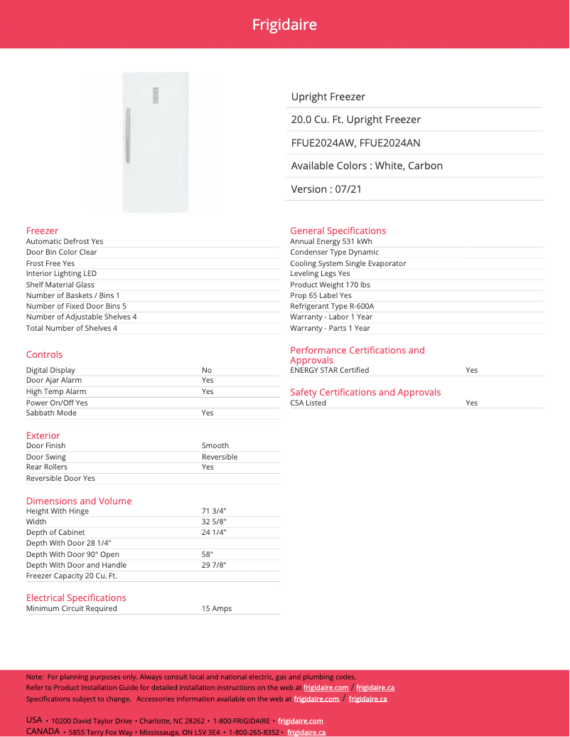 Page 1 de la notice Fiche technique Frigidaire FFUE2024AW