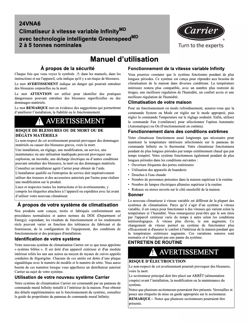 Page n°1 - Manuel utilisateur Carrier Infinity 24VNA6