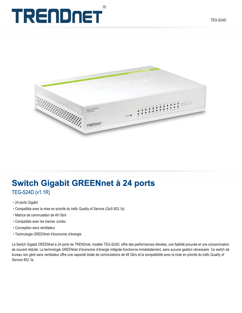 Page 1 de la notice Fiche technique TRENDnet TEG-S24D