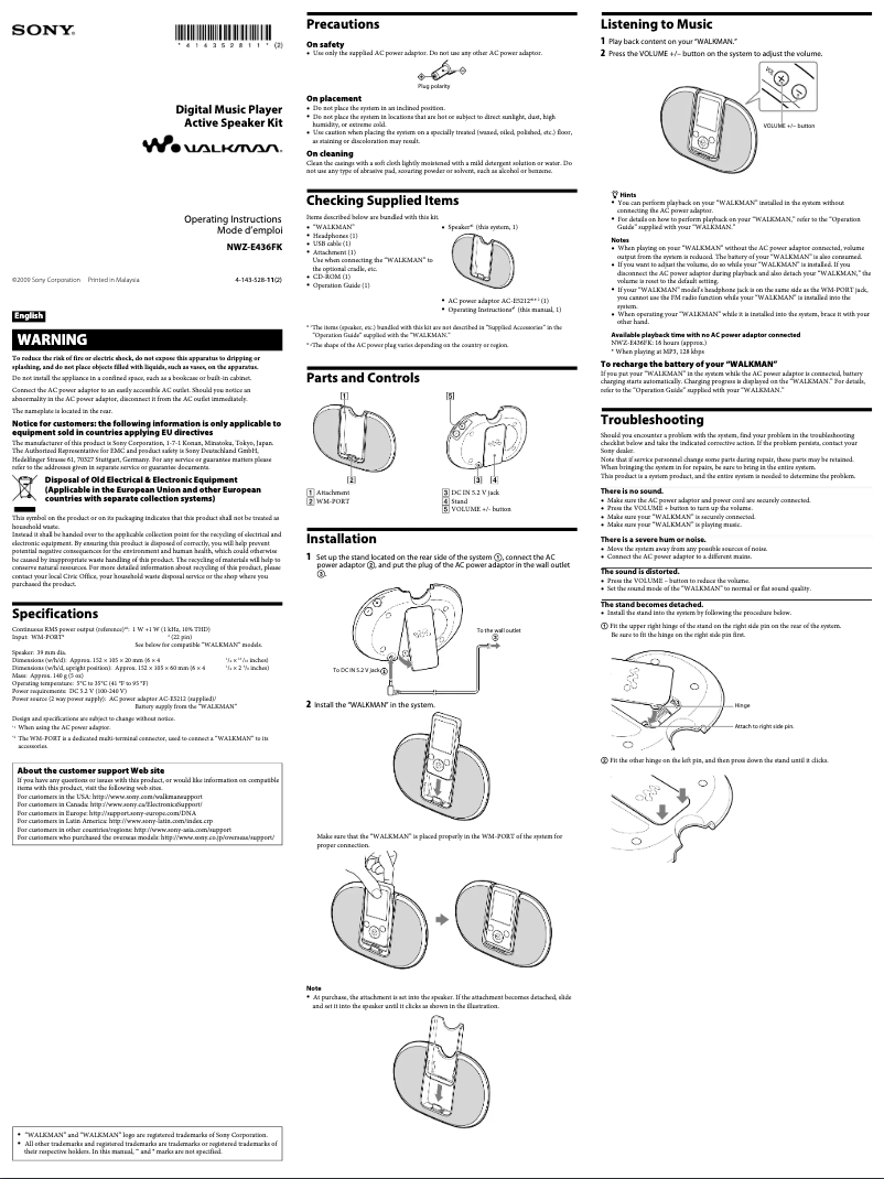 Page n°1 - Manuel utilisateur Sony Walkman NWZ-E436FK