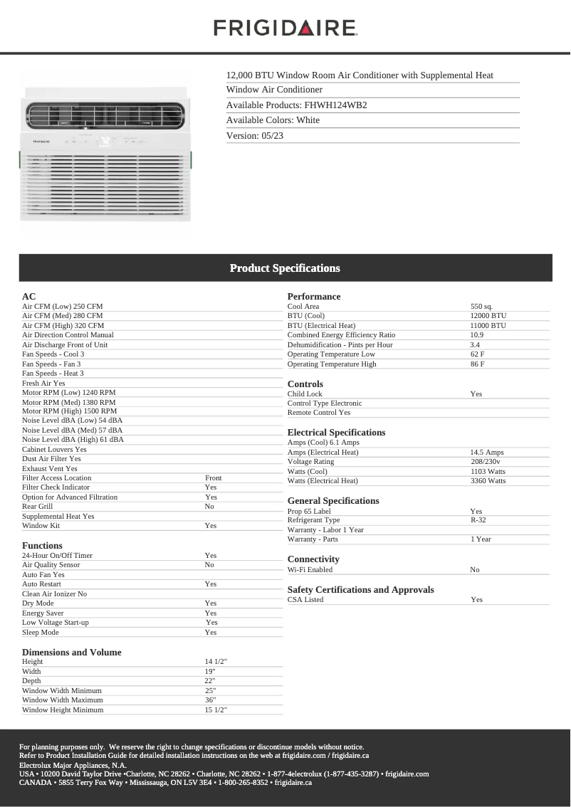 Page 1 de la notice Fiche technique Frigidaire FHWH124WB2