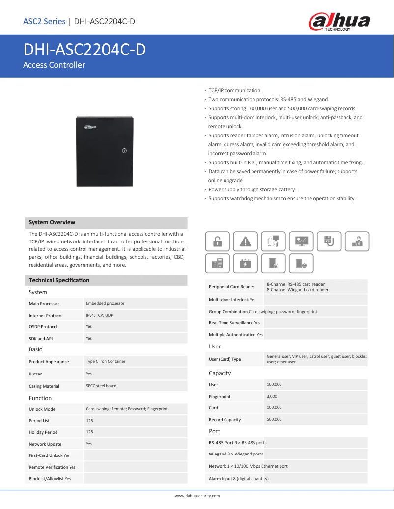Page 1 de la notice Fiche technique Dahua Technology ASC2204C-D