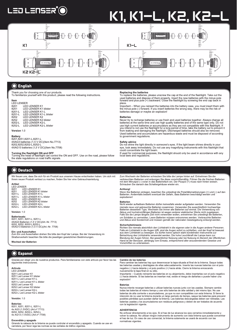 Page 1 de la notice Manuel utilisateur Ledlenser K1