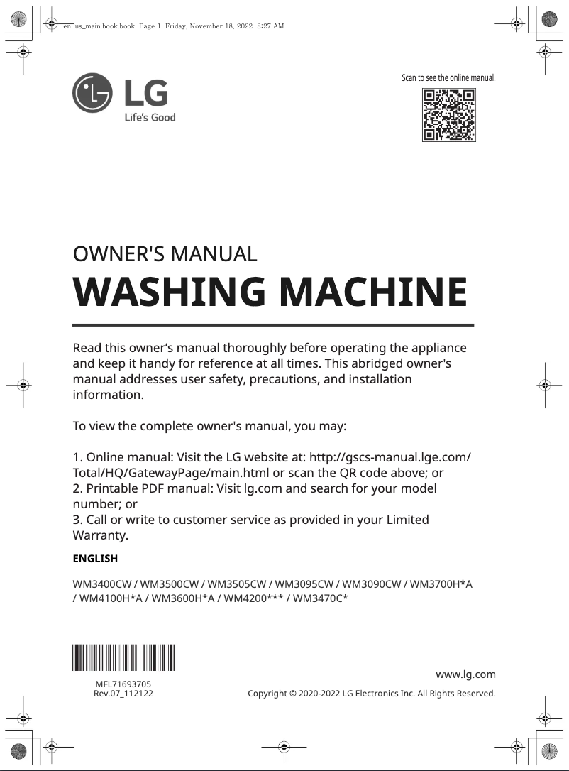 Page n°1 - Manuel utilisateur LG WM3470CW