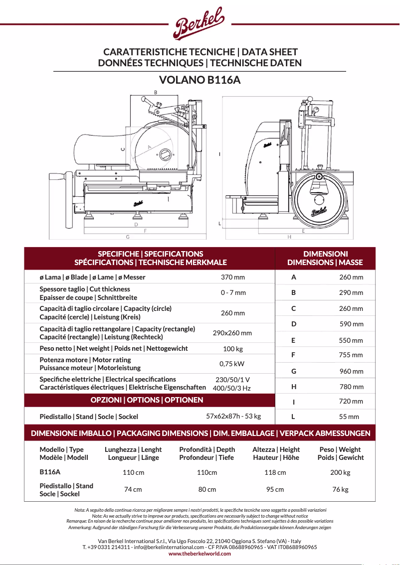 Page 1 de la notice Fiche technique Berkel B116A