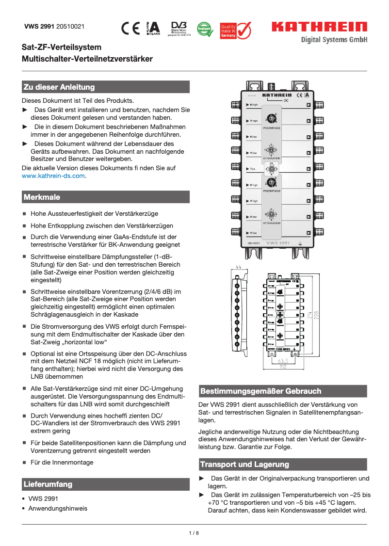 Page 1 de la notice Manuel utilisateur Kathrein VWS 2991
