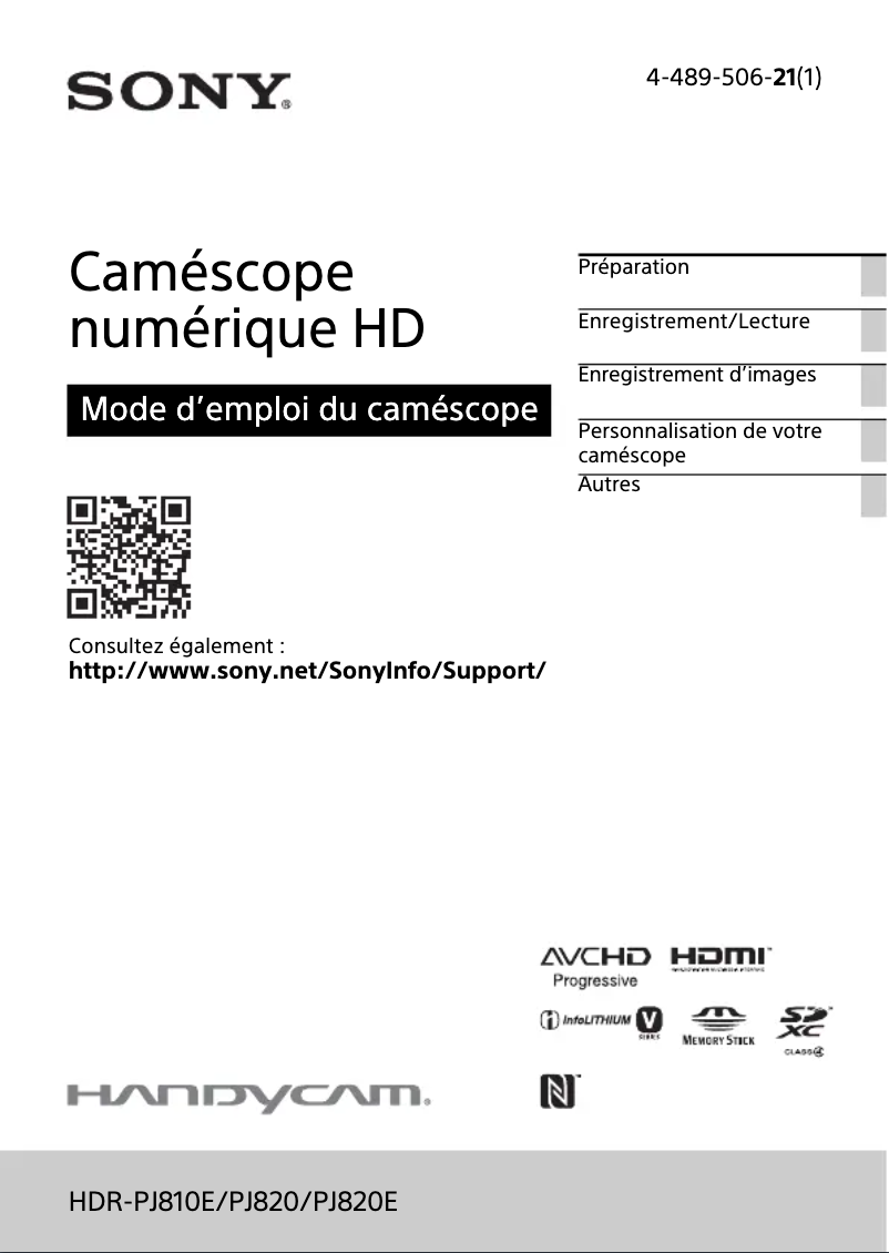 Page 1 de la notice Manuel utilisateur Sony HDR-PJ820E