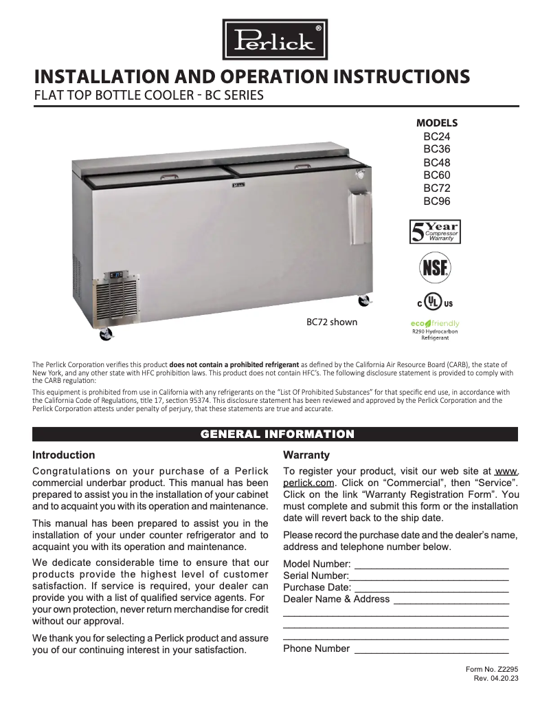 Page n°1 - Manuel utilisateur Perlick BC48RT-SS-STK